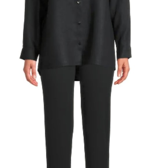 Eileen Fisher | Black Linen Mandarin Collar Shirt - Picture 3 of 5